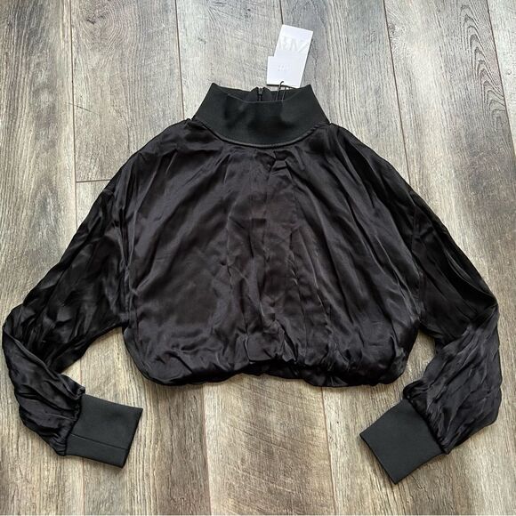NWT Zara Black Satin Effect Long Sleeve Mock Neck Top Size XS Zipper Turtleneck - Picture 11 of 16